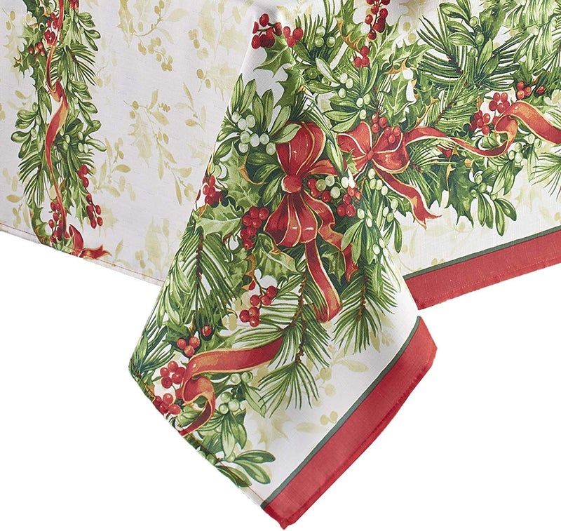 Newbridge Christmas Holly Ribbon Traditions Bordered 60 x 144 Inch Rectangle Fabric Tablecloth, Boughs of Holly and Berry Ribbon Garland Dining Table Cover for Holiday Party - Image 2